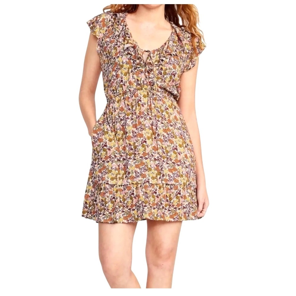 Old Navy DEFINED WAIST Red/Orange Floral FLUTTER SLEEVES Pockets MINI DRESS Sz M